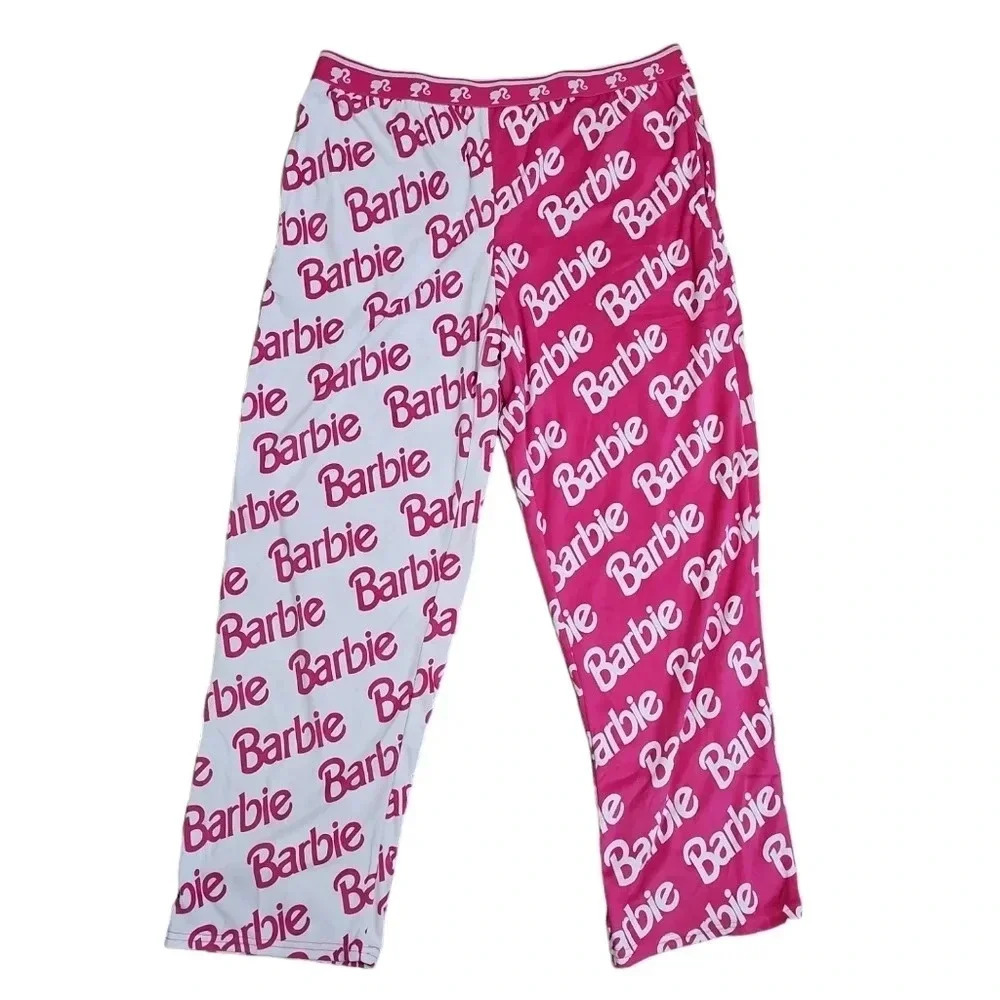Barbie Womens Large Pajama Pants Pink White Split Logo Sleepwear Lounge Cozy Y2K - Picture 2 of 5